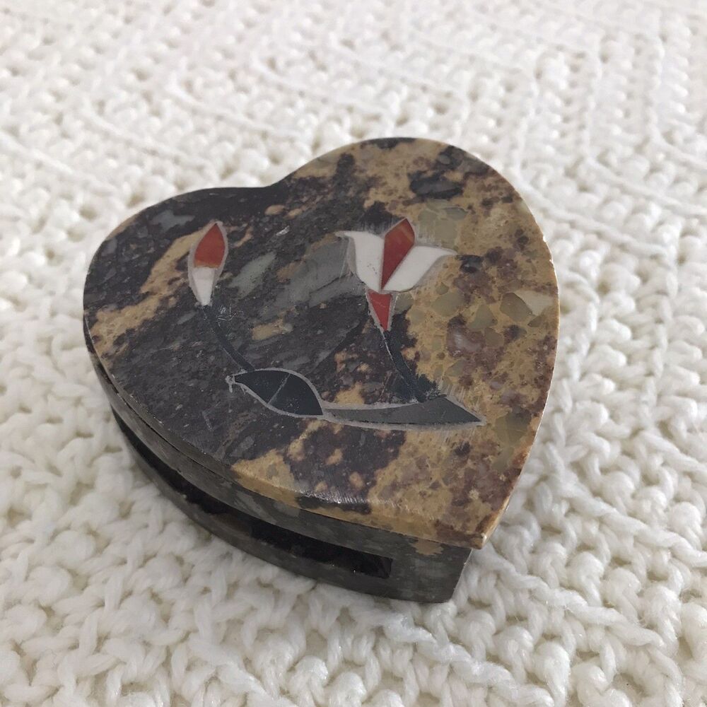 Vintage Soapstone Marble Floral Trinket Box with Inlay